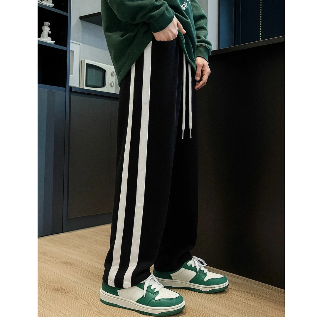 Men Solid Black, White Track Pants